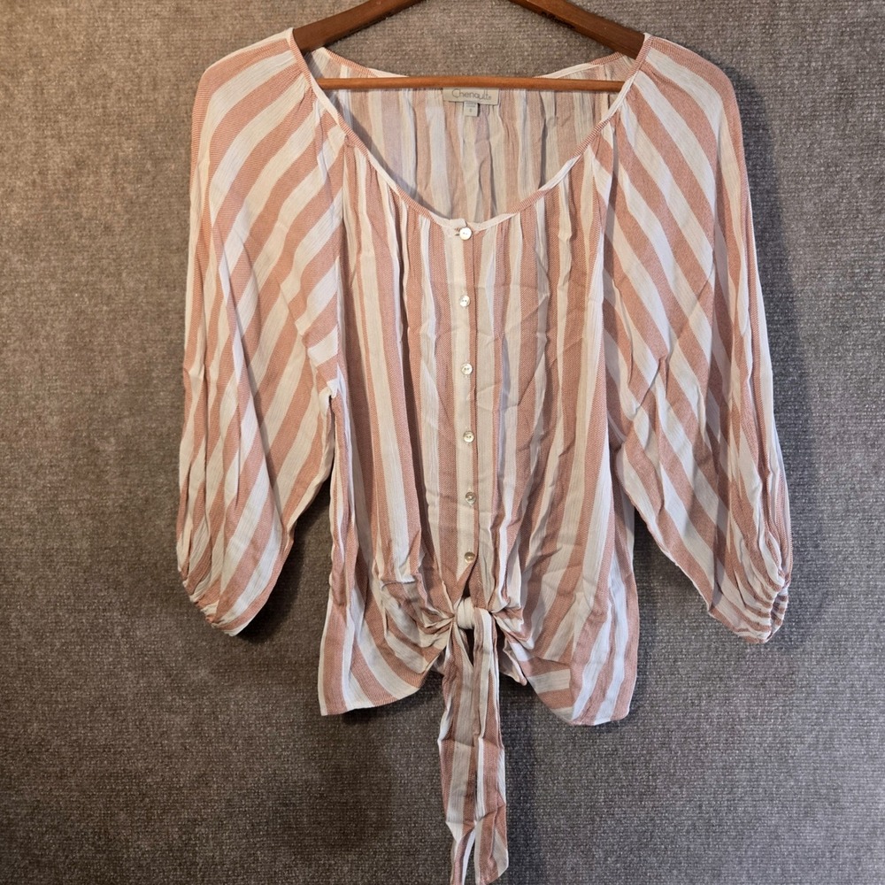 Chenault Womens Striped Button Front Tie Knot Balloon Sleeve Boho Top Small